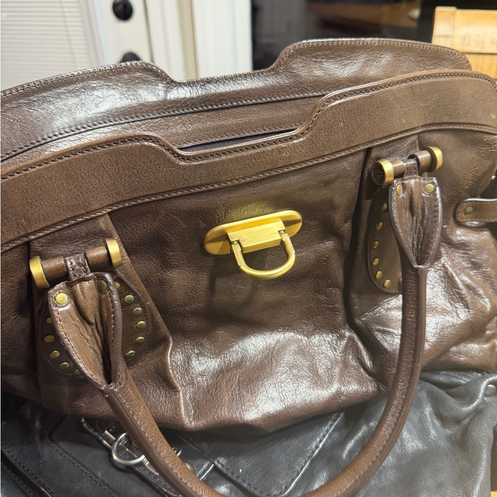 Frye Dark Brown Leather Satchel with Gold Hardware - Picture 5 of 10